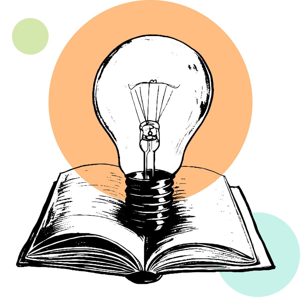 Illustration of a book with a lightbulb coming out of it representing thought leadership and expert copywriting