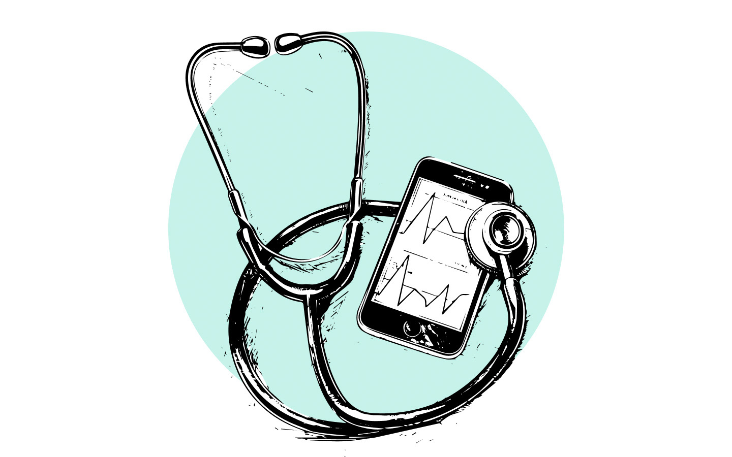 A stethoscope and a mobile phone displaying a healthtech app