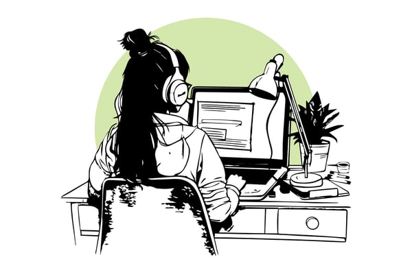 esg tov - woman at a desk writing with a plant beside her