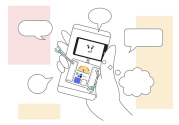 Illustration of a mobile device with message, comment and chat clouds surrounding it to demonstrate community and communication