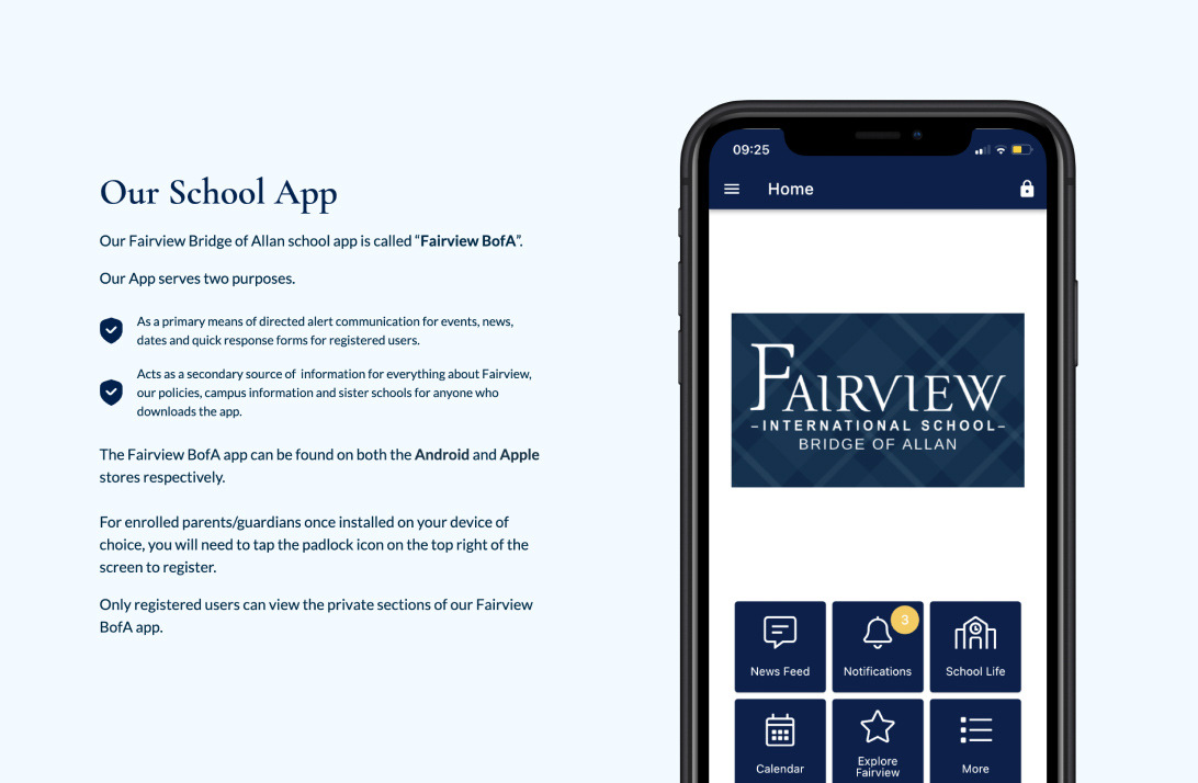 Fairview International School two column module showcasing their school app