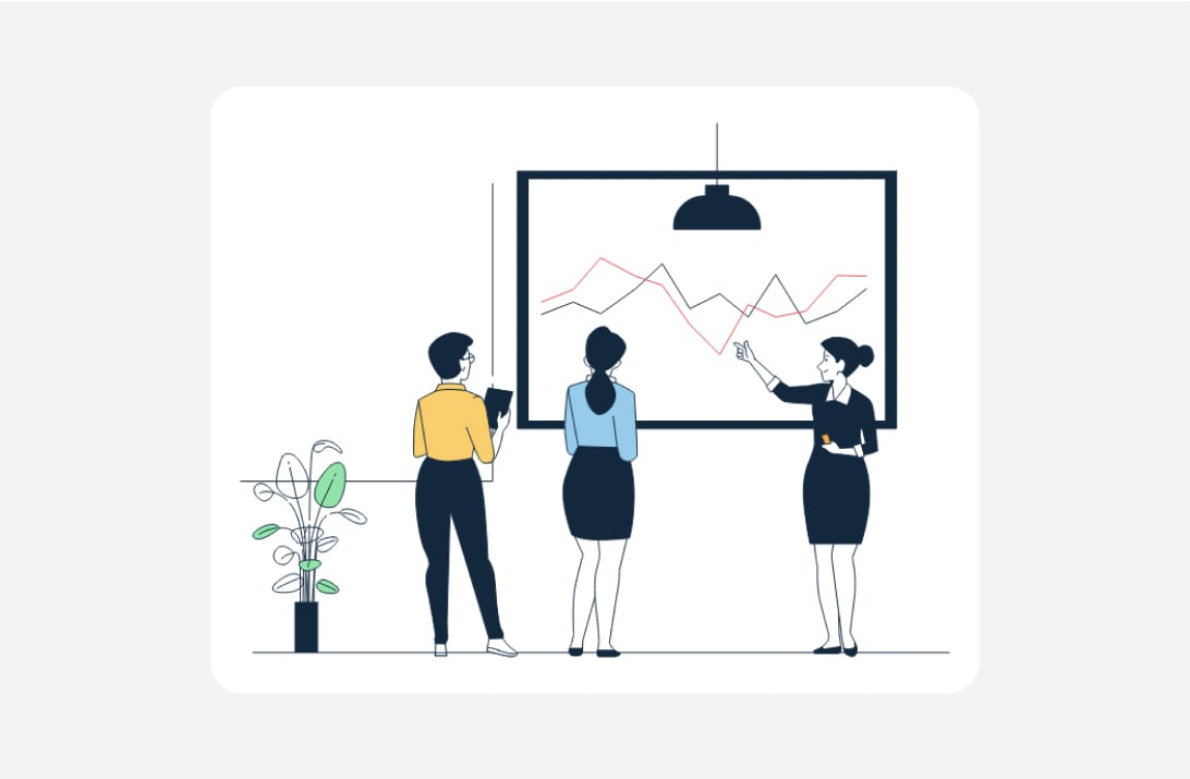 Transparently custom illustration of several people looking at a graph