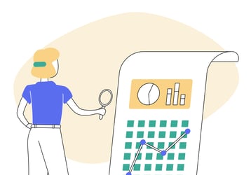 Illustration of a woman holding a magnify glass looking at schema markup on some paper 