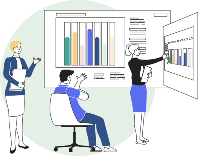 How to use Pay-Per-Click Advertising to get more B2B customers - image shows three people looking at statistics on screens for B2B Pay-per-click advertising campaigns